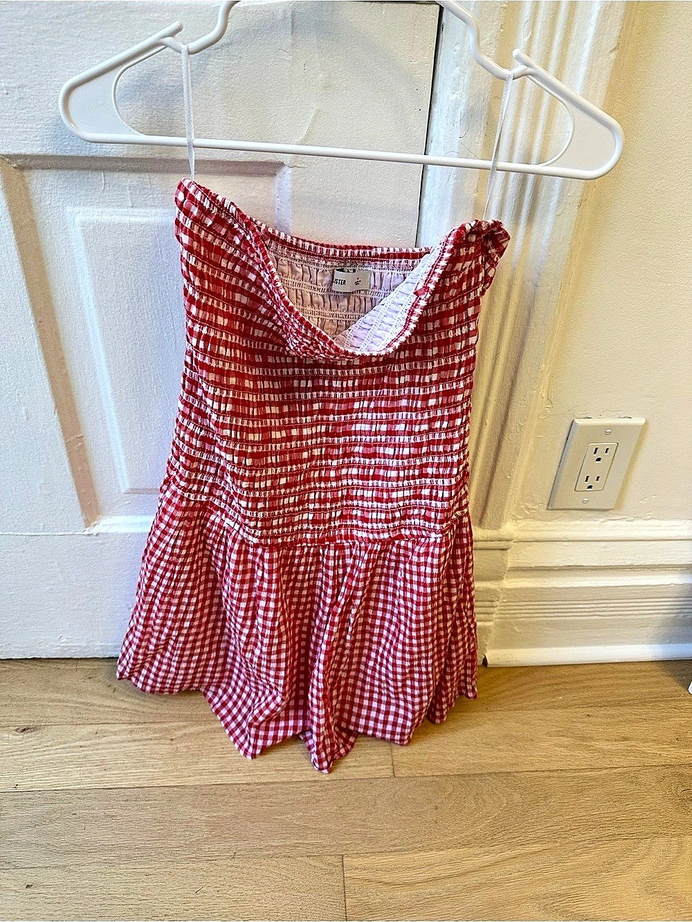 Hollister Gingham Smocked Strapless Romper Red & White
